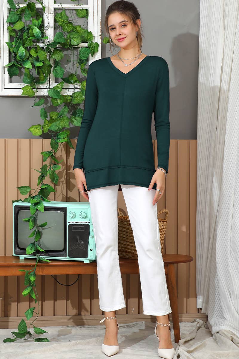 CWTTL1473_Casual V-Neck Loose Fit Long Sleeve Tops