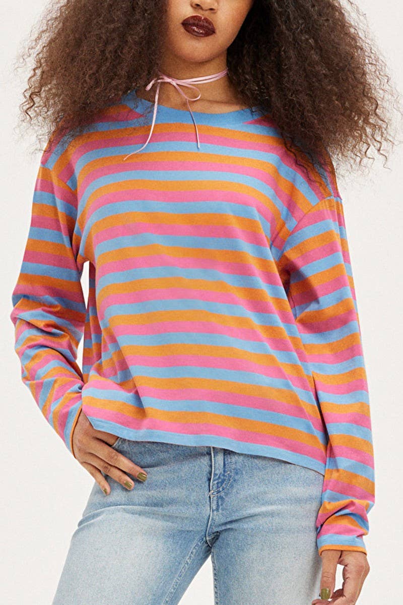 CWTBLL1623_ROUND NECK STRIPED PRINT COLOR BLOCK SWEATSHIRT