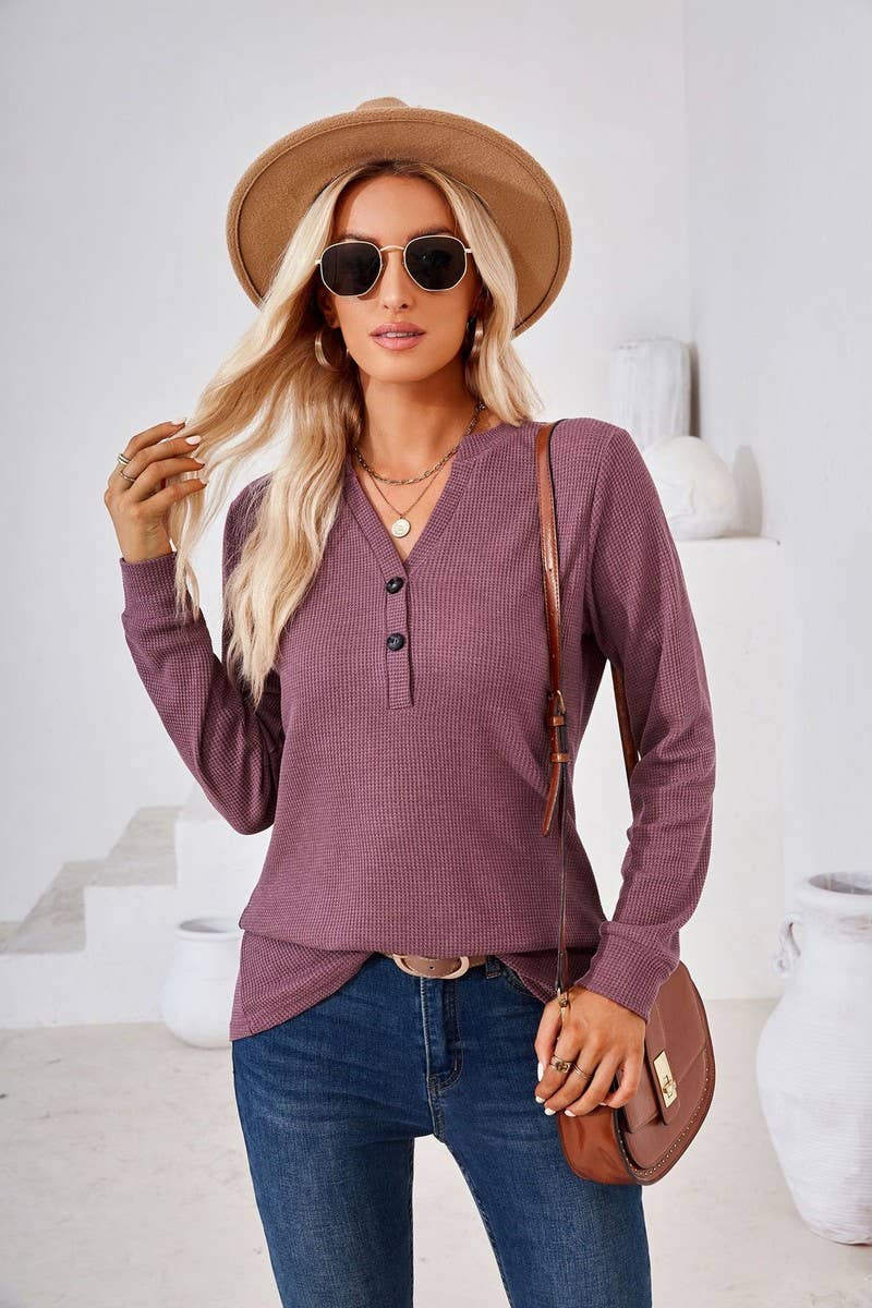 CWTBLL01312_V NECK BUTTON SOLID LONG SLEEVE LOOSE TEE