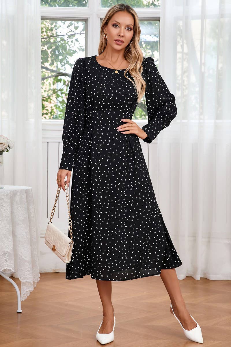CWDMD3989_SMALL FLORAL ROUND NECK TIE LONG SLEEVE DRESS