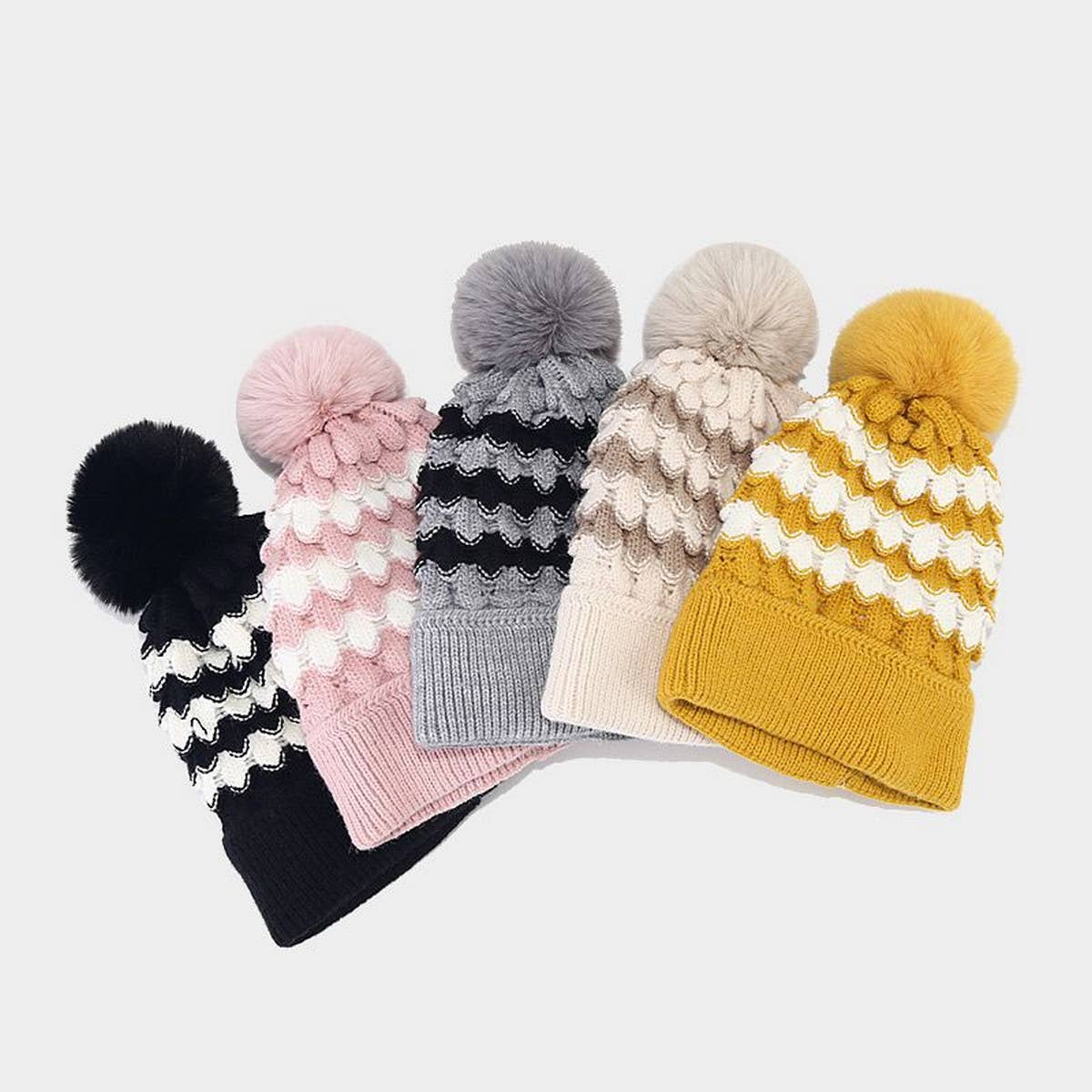 NEW CONTRAST STRIPED POM-POM KNITTED HAT_CWAH1609