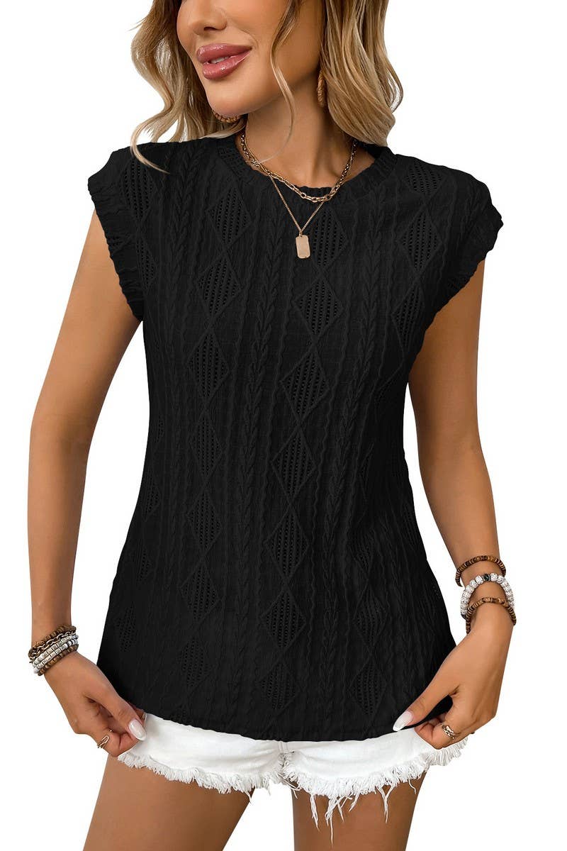 CWTBLS1615_ROUND NECK JACQUARD LOOSE T-SHIRT VEST