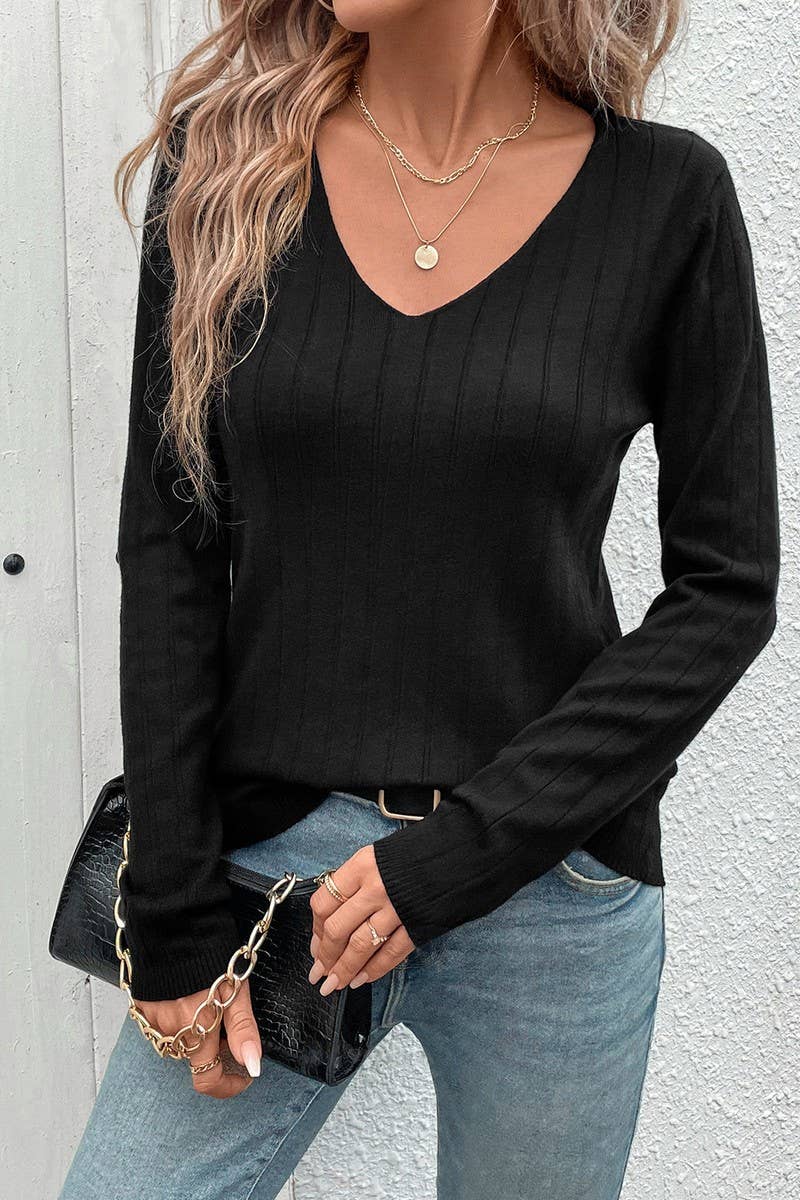 CWTBLL00726_RIBBED V NECK LONG SLEEVE BLACK SWEATER