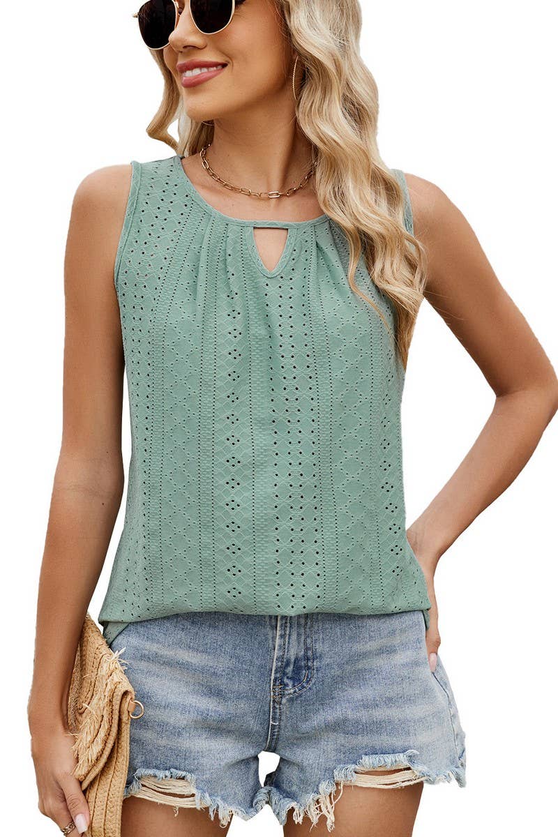 CWTTSL0316_SUMMER ROUND NECK HOLLOW PLEATED VEST T-SHIRT