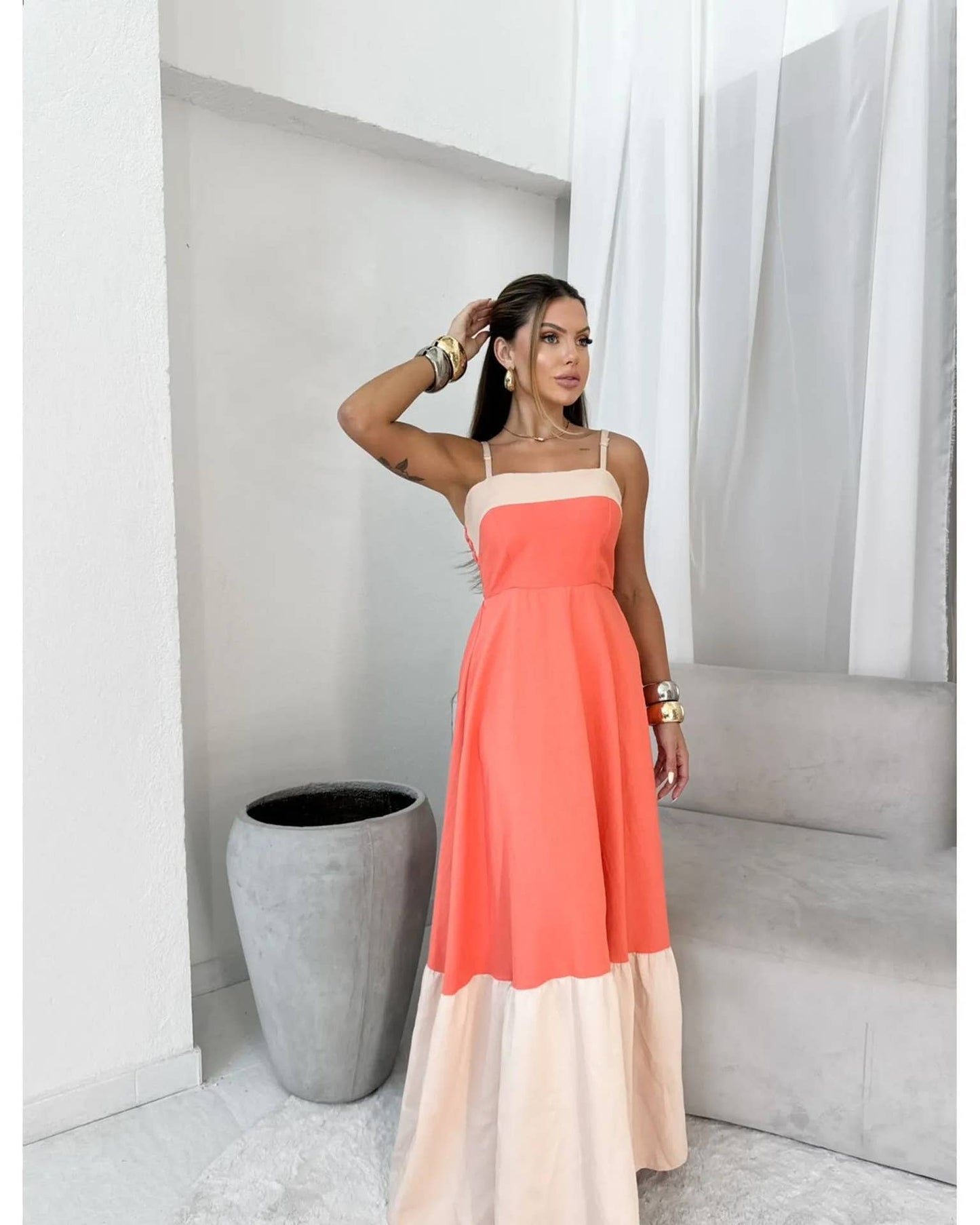 Fashionable long color-blocking halter dress