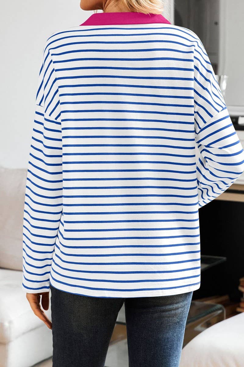 CWTBLL3674_STRIPED V-NECK LOOSE LAPEL SWEATSHIRT TOP
