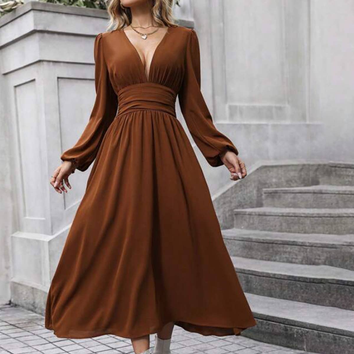 ELEGANT V-NECK PUFFED SLEEVE WAIST SLIT DRESS