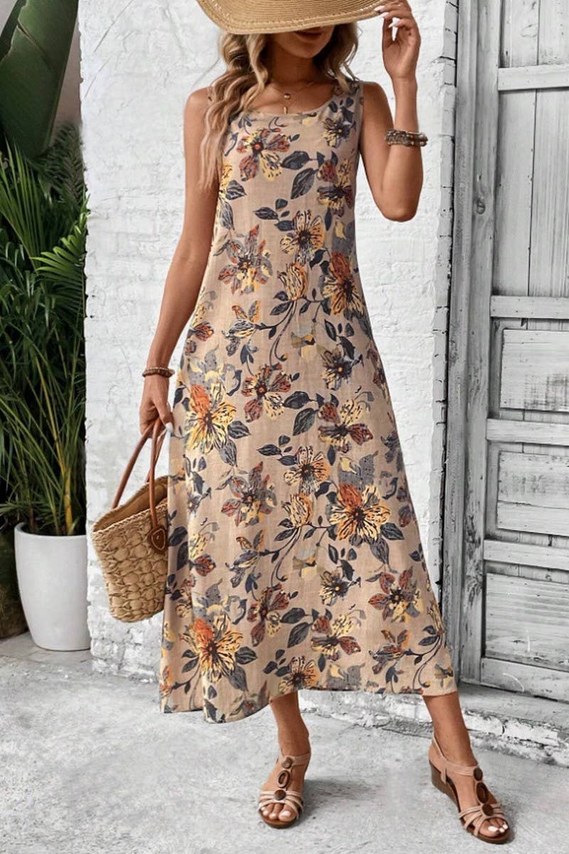 CWDMD5872_SLEEVELESS FLORAL PRINT ROUND NECK A-LINE DRESS