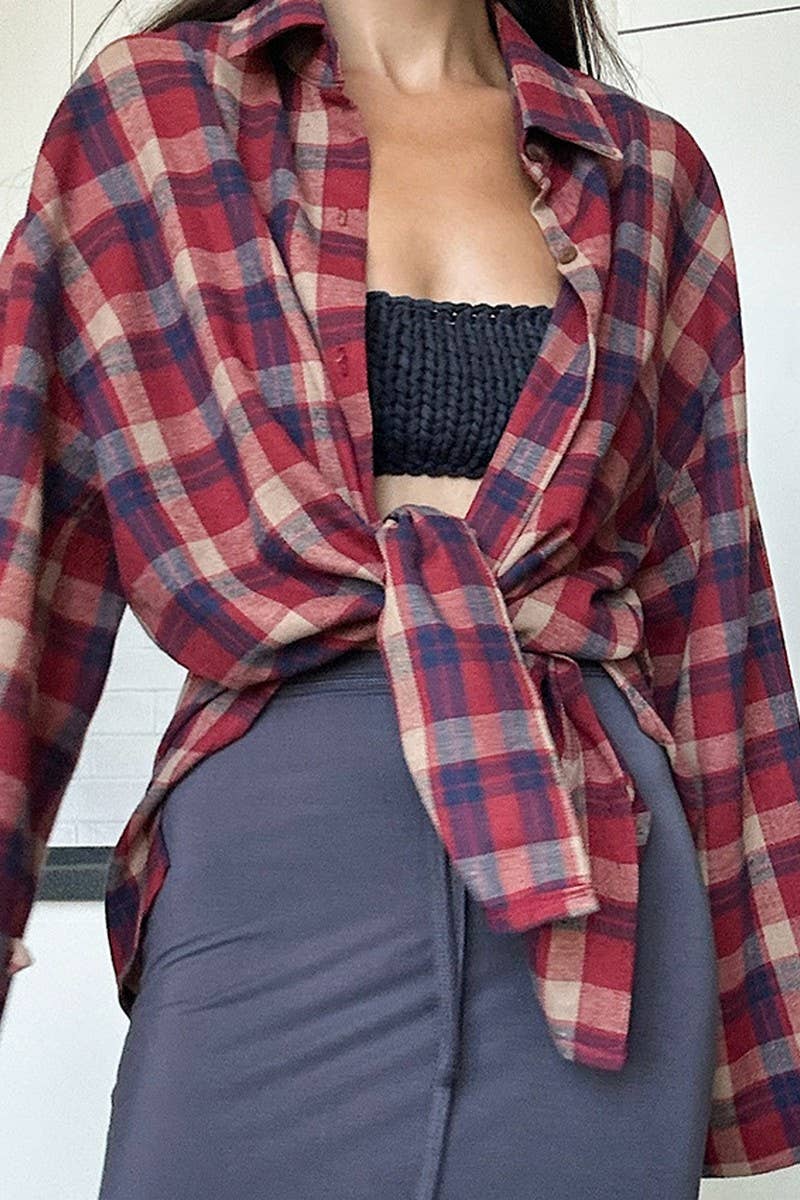 CWTBLL00579_LOOSE RETRO LACE-UP PLAID LONG-SLEEVED SHIRT