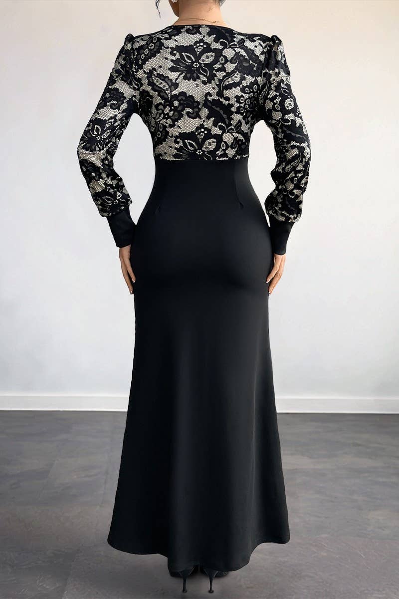 CWDMD6286_SEXY VINTAGE V-NECK LACE TRIM LONG SLEEVE DRESS