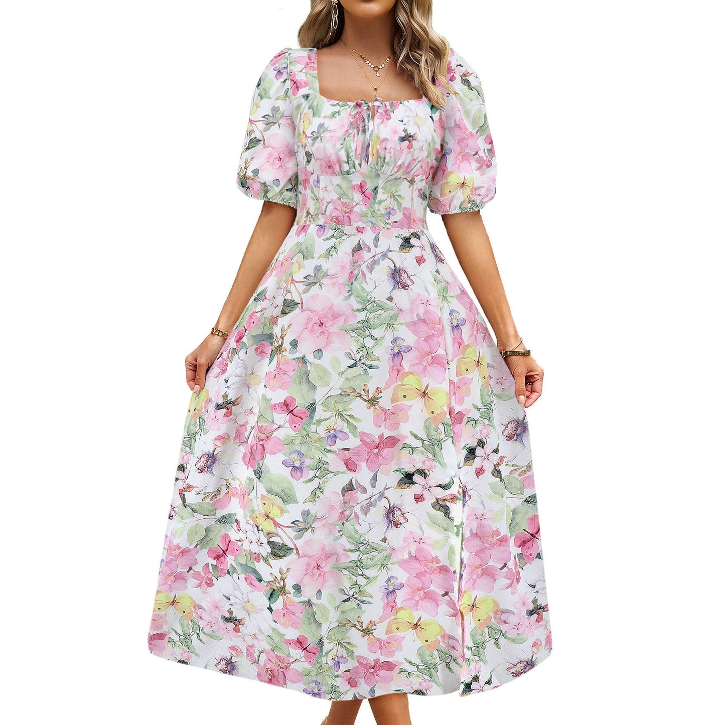 Floral Elegant Lantern Sleeve Dress