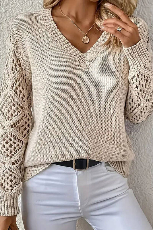 CWOSWL5807_HOLLOW LONG SLEEVE V-NECK PULLOVER KNIT TOP