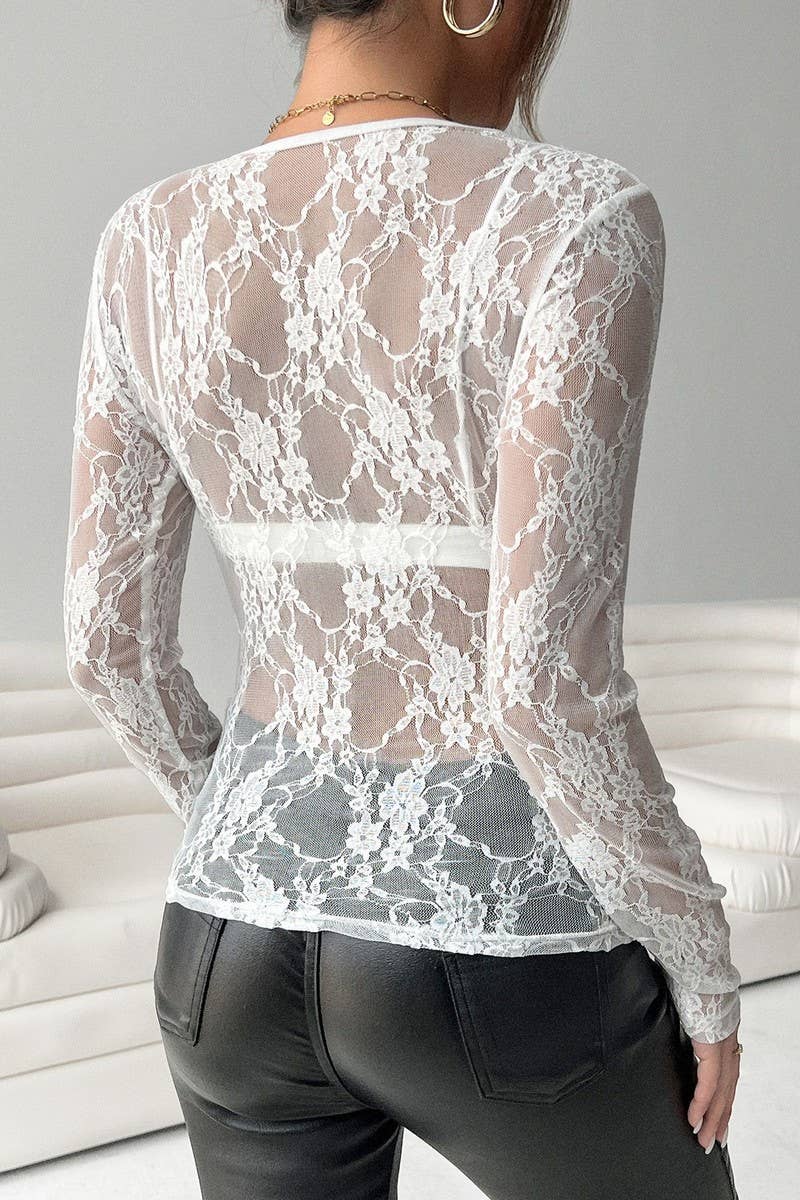 CWTBLL3493_SINGLE-LAYER LACE ROUND NECK LONG-SLEEVED TOP