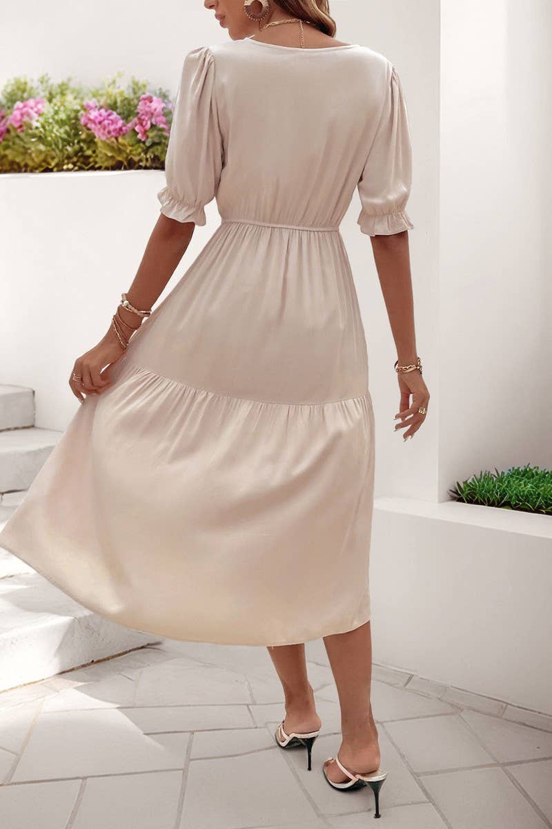 CWDMD5783_CASUAL RUCHED PUFF SLEEVE V-NECK SOLID DRESS