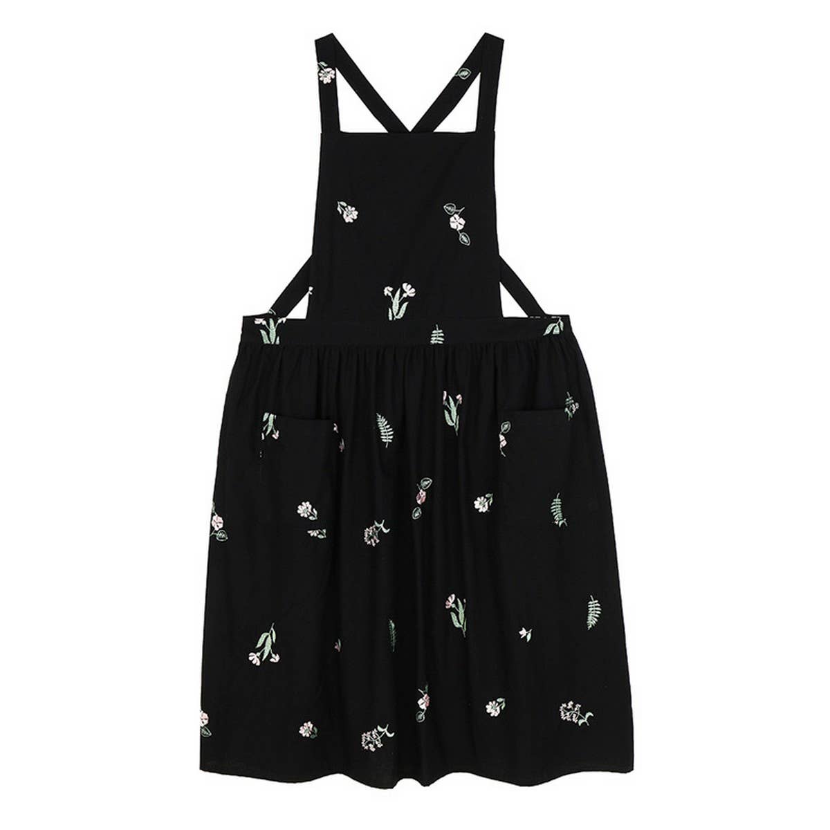 Flowers Embroidered cotton linen apron with pockets