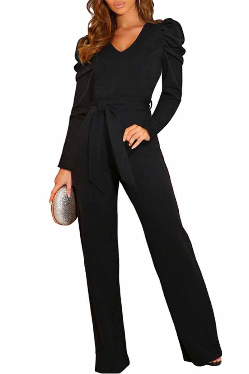 CWSJS1098_V-NECK LONG SLEEVED WAIST ONE-PIECE PANTS