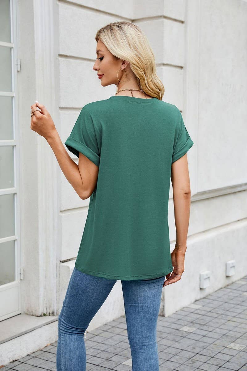 CWTBLS1728_SOLID COLOR ROUND NECK T-SHIRT SHORT SLEEVE TOP