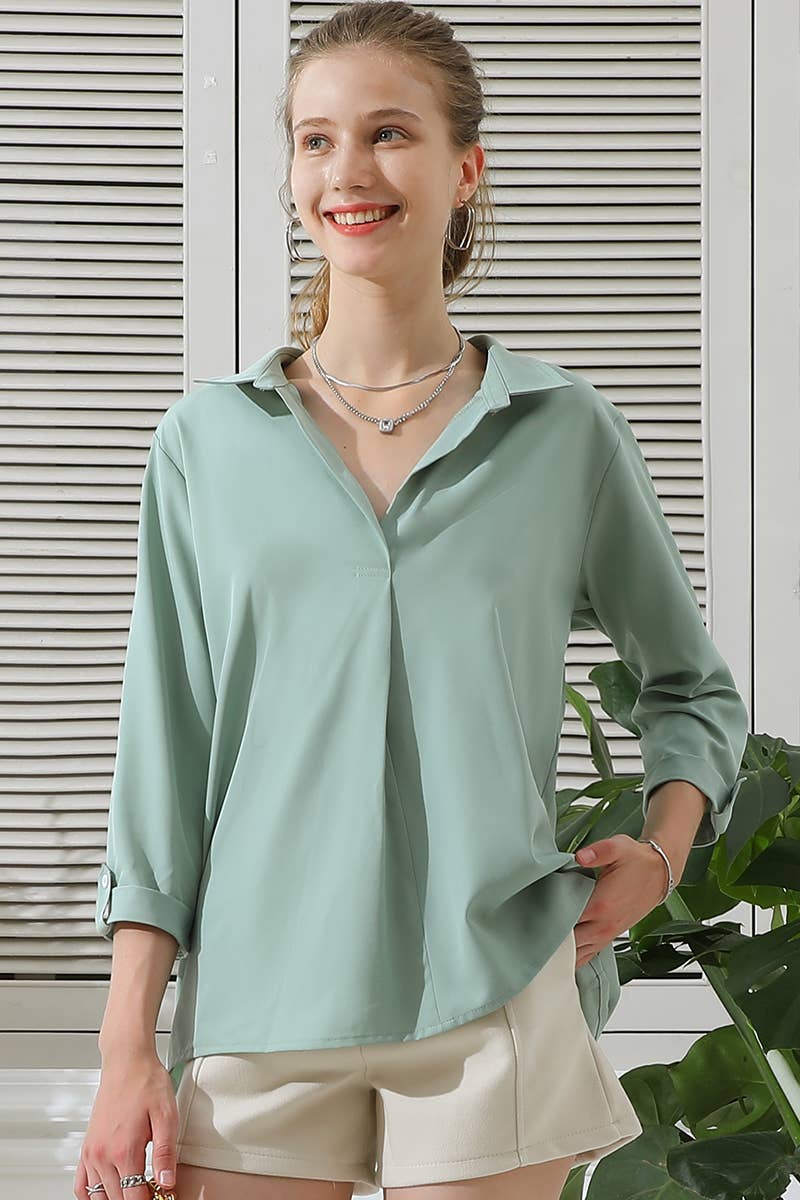 CWTSTS121_V-Neck Long Sleeve Collared Shirts