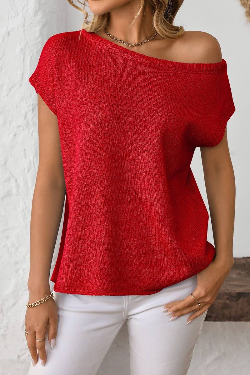 CWOSWS0129_SOLID COLOR KNITTED SHORT-SLEEVED PULLOVER TOP