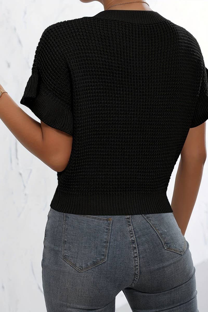 CWOSWS0105_TWISTED RUFFLE SHORT-SLEEVED KNITTED PULLOVER TOP