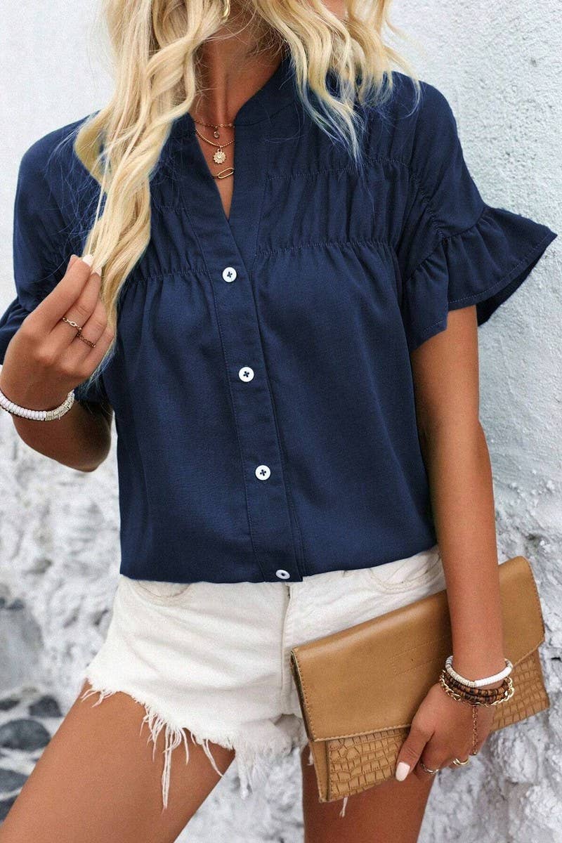 CWTSTS0679_SOLID COLOR STAND COLLAR CASUAL SHORT SLEEVE SHIR