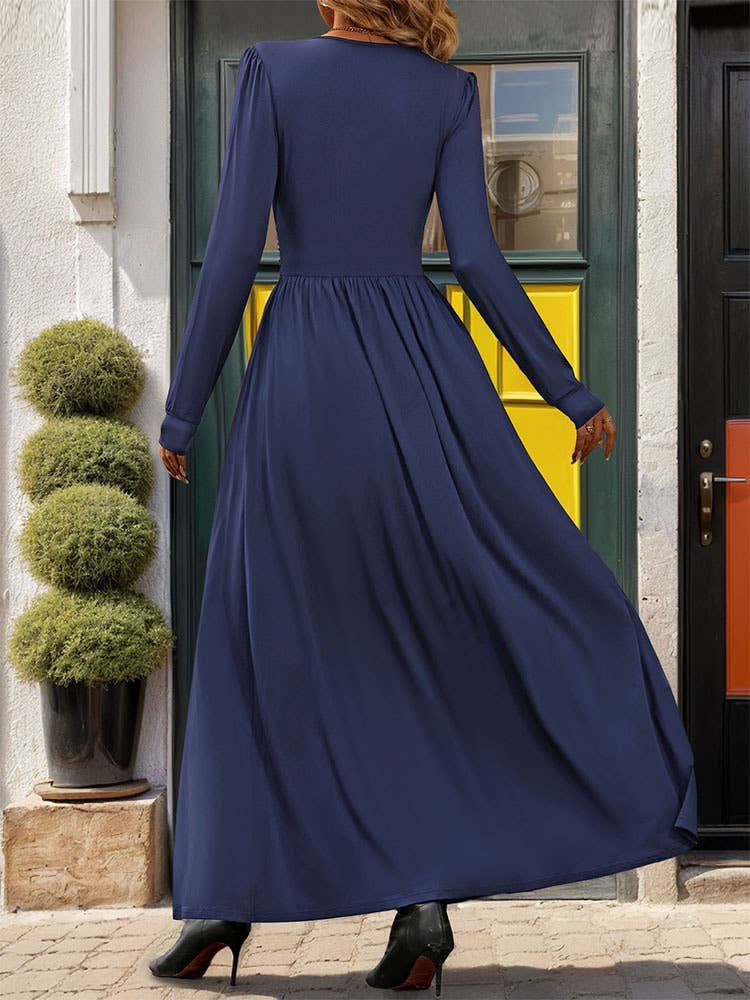 DEEP V-NECK SOLID SLIT LONG SLEEVE WAIST DRESS