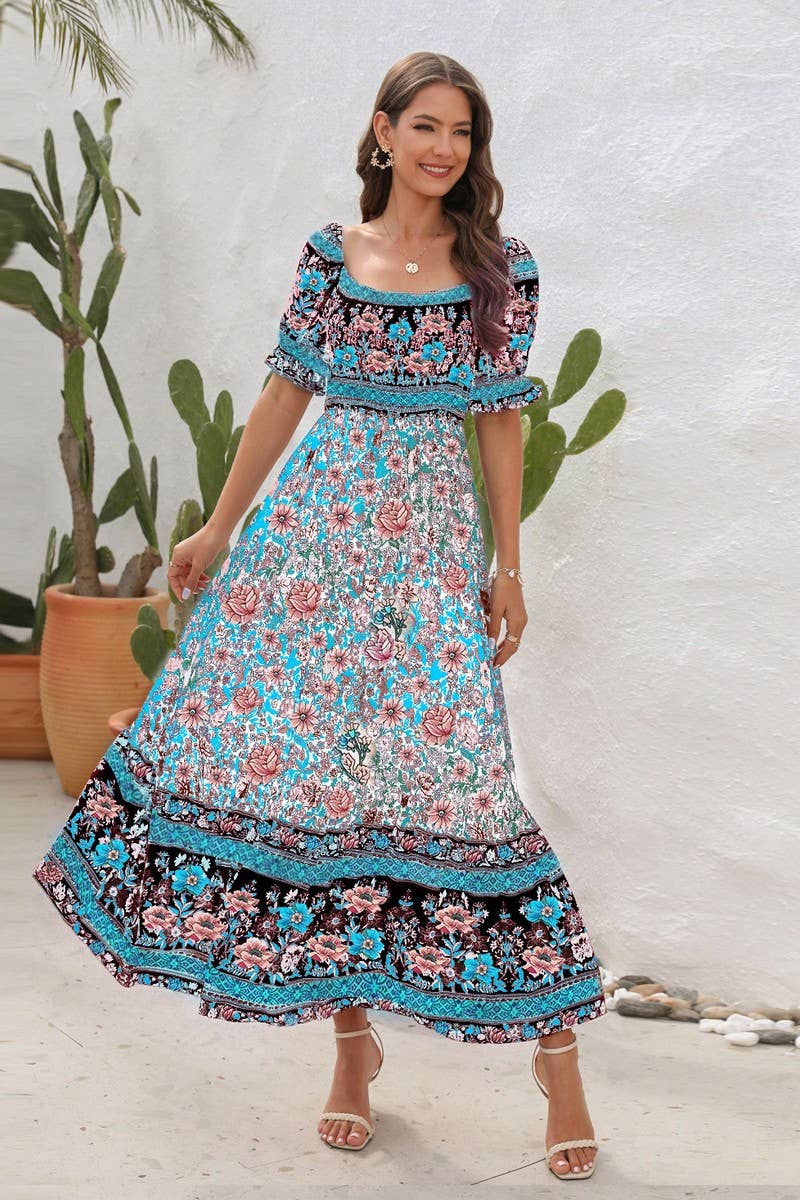 CWDMD2149_PRINTED ONE SHOULDER PUFF SLEEVE MIDI DRESS