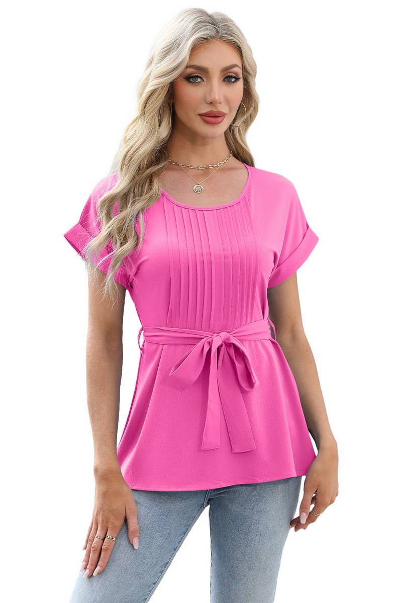 CWTBLS1698_TIE-UP RUFFLED CREW NECK SHORT-SLEEVED TOP