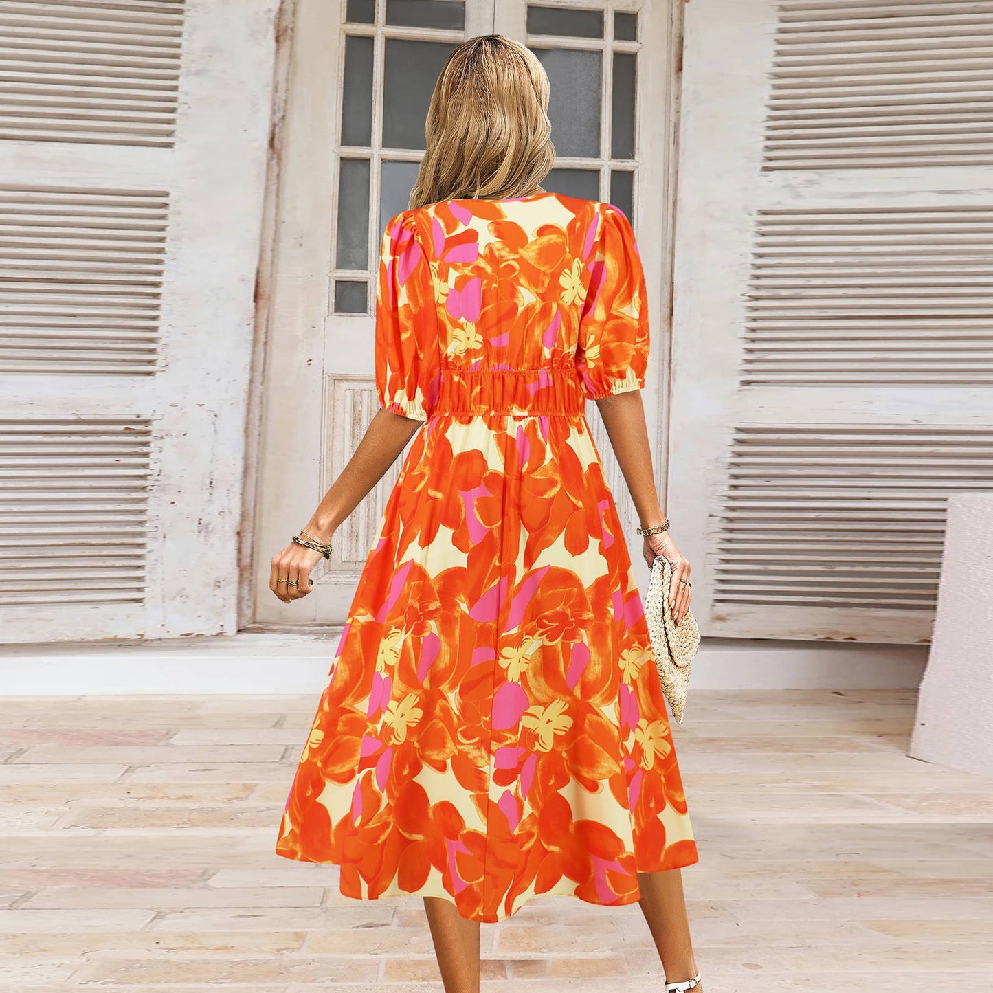 Boho V-Neck Floral Maxi Dress with Waist Tie