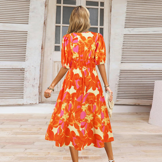 Boho V-Neck Floral Maxi Dress with Waist Tie