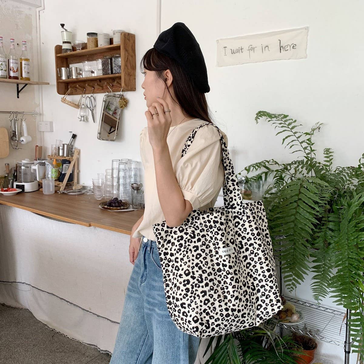CWAB3905_LEOPARD PRINT LARGE CAPACITY CANVAS SHOULDER BAG