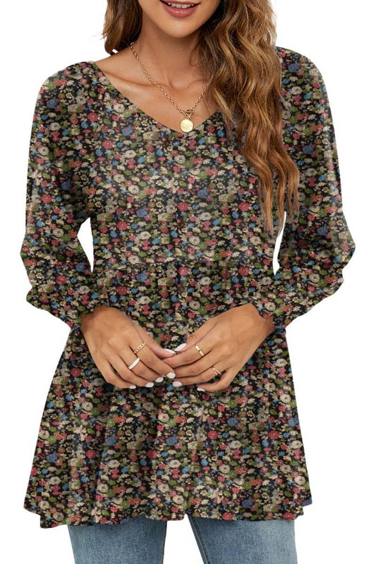 CWTBLL2935_FALL FLOWER BOUQUET WAIST PUFFY SLEEVE TOP