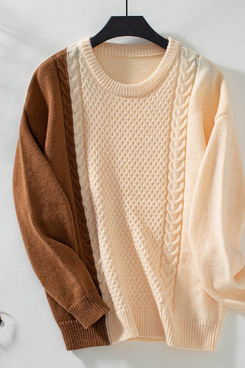 CWOSWL2880_CREW NECK CONTRAST CABLE SWEATER