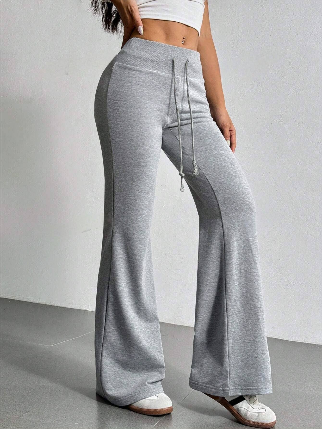 DRAWSTRING HIGH-WAISTED SOLID COLOR BELL BOTTOMS