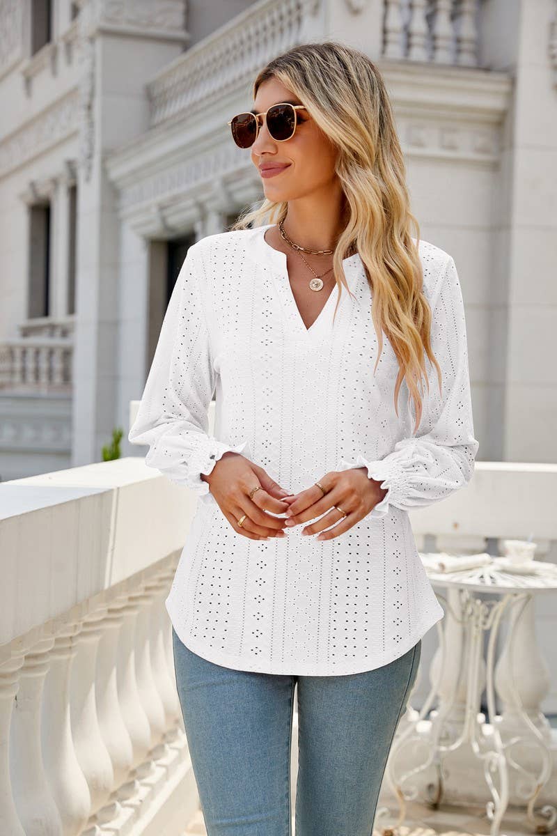 CWTBLL2407_V-NECK HOLLOW PLEATED LOTUS LEAF SLEEVE TOP