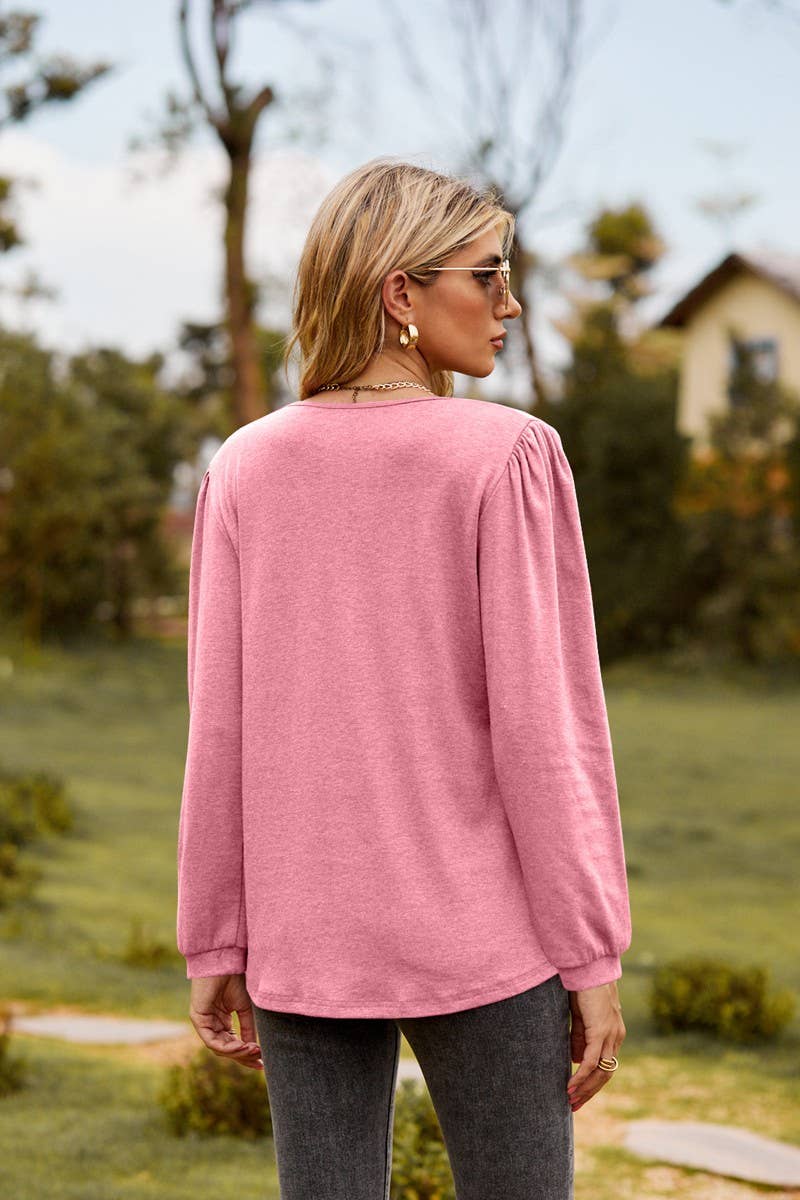 CWTBLL3682_SOLID COLOR V-NECK BUTTON RUFFLED LONG-SLEEVED TO