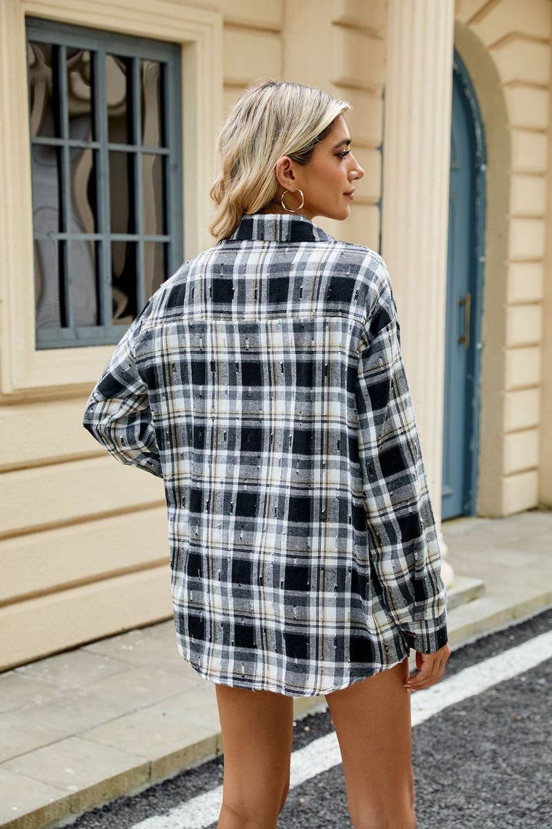 CWTSTL2063_CROCHET LONG-SLEEVED LOOSE LAPEL PLAID SHIRT