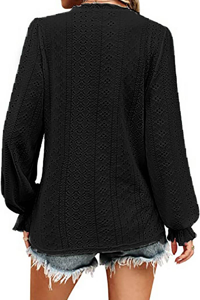 CWTBLL1046_V-NECK SOLID COLOR HOLLOW CASUAL LONG-SLEEVED TOP