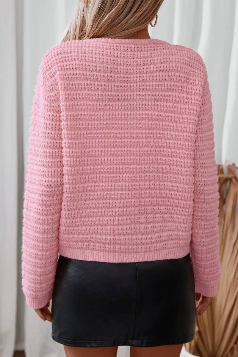 CWOCAL0865_SINGLE BREASTED ROUND NECK KNITTED CARDIGAN