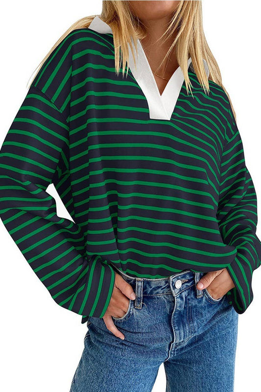 CWTBLL1811_LAPEL STRIPED V-NECK LOOSE SWEATSHIRT