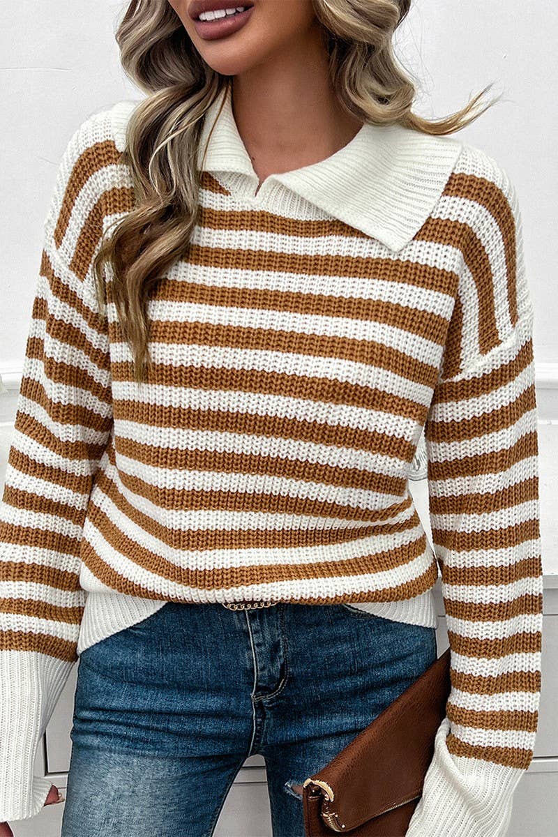 CWOSWL6817_CASUAL LOOSE LAPEL STRIPED LONG SLEEVE SWEATER