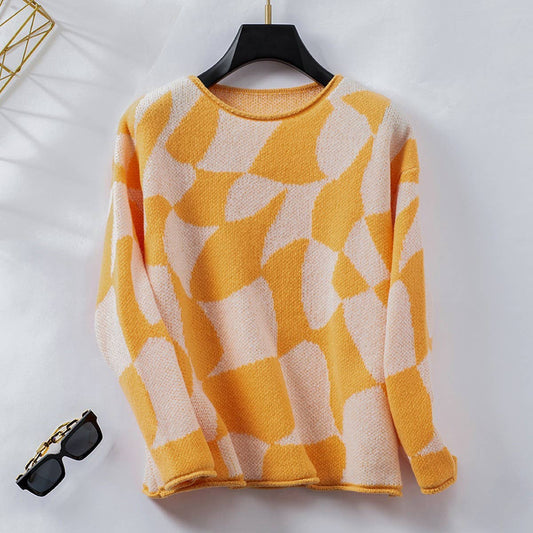 Color contrast crew neck pullover sweater