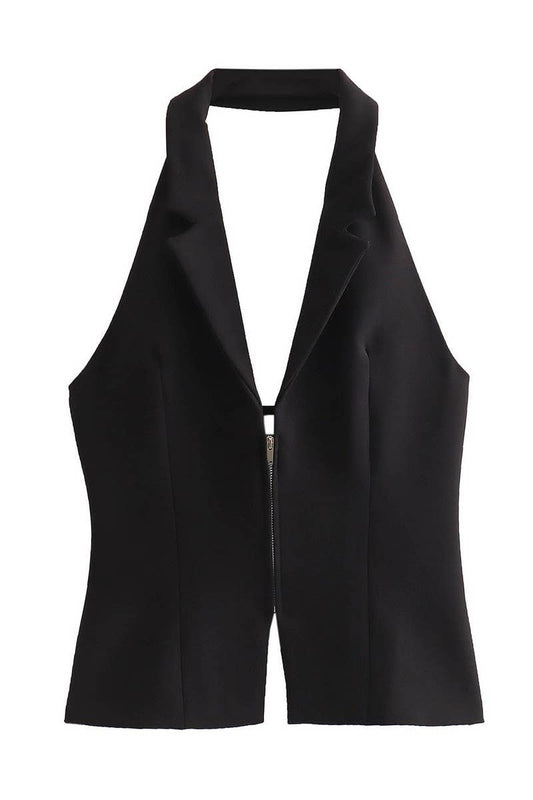 CWTHT0148_BACKLESS BUCKLE SLIM FIT V-NECK HALTER TOP