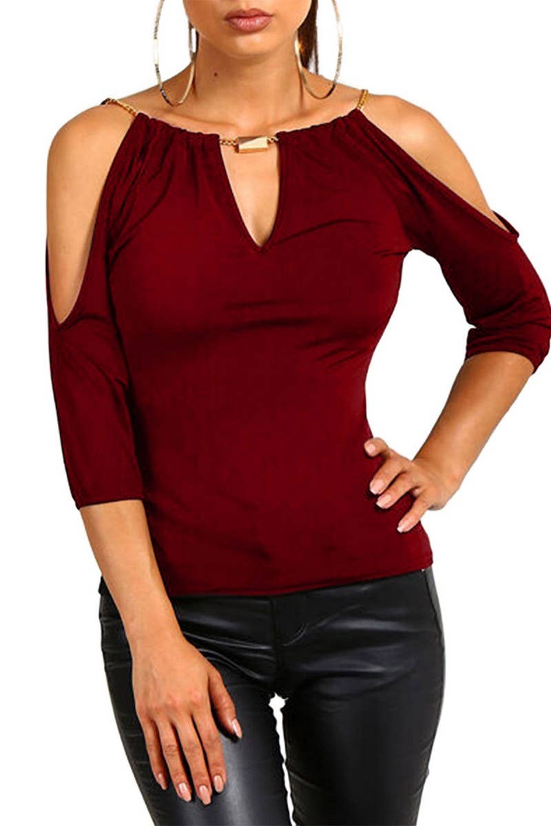 CWTBLS2207_PENDANT STRAP COLD SHOULDER SLIM FIT TOP