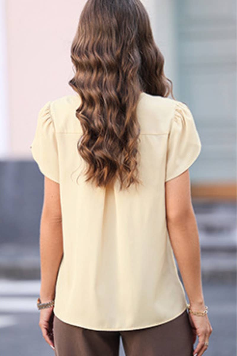 CWTBLS1395_SEMI-HIGH-NECK SOLID COLOR SHORT-SLEEVED TOP