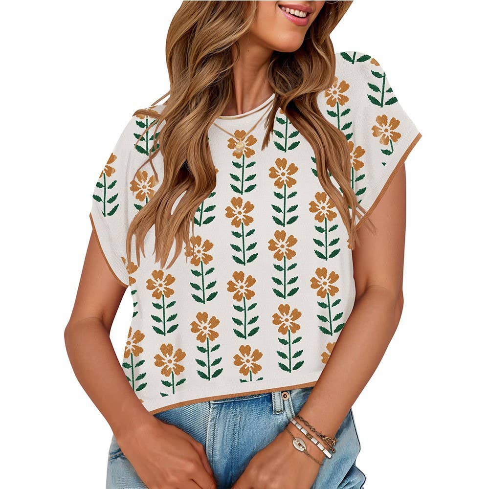 Crop short sleeve crew-neck knit floral sweater