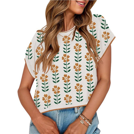 Crop short sleeve crew-neck knit floral sweater