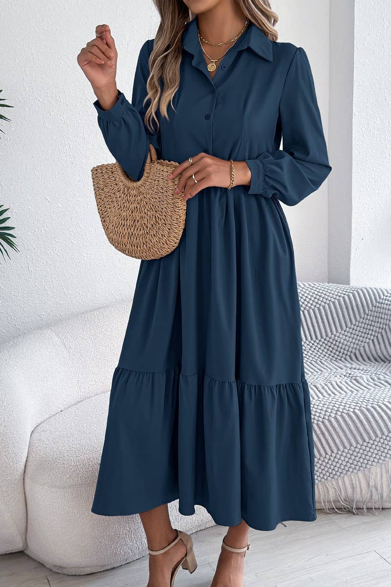 CWDMD6027_LOOSE FIT RUFFLE TRIM LONG SLEEVE SHIRT DRESS