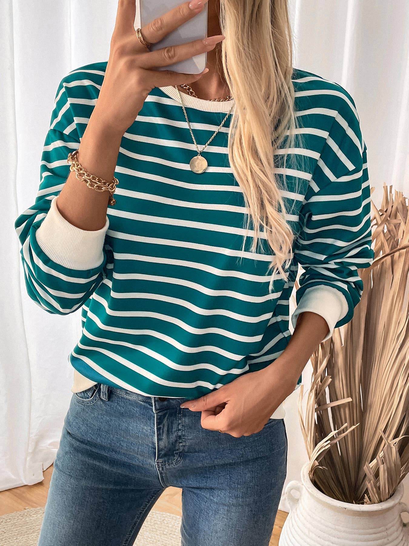 CASUAL TOP CREW-NECK STRIPED LONG-SLEEVED T-SHIRT