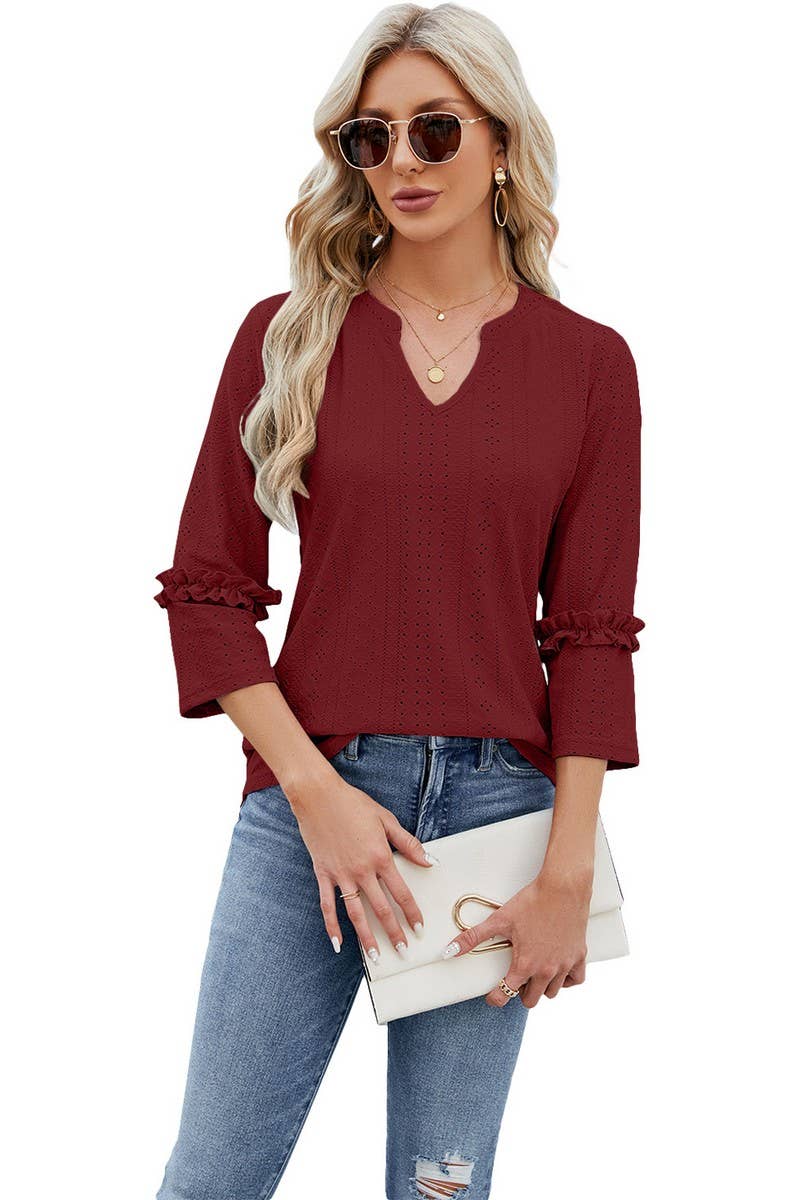 CWTTS0763_3/4 Sleeve Ruffle Detailed V-Neck  Blouse